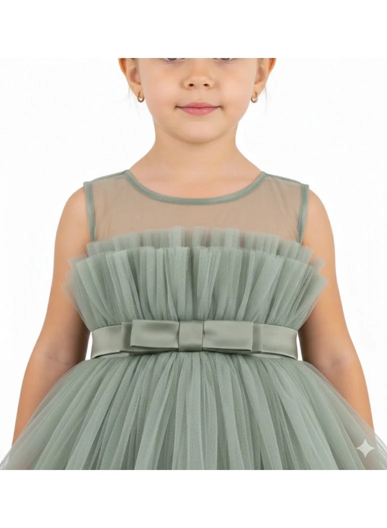 D'Daniela D'Daniela Toddler Girls Bow Front Ruffle Hem Mesh Gown Dress Olive with long tail- Tail detachable dress